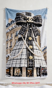 Luxury Chanel Tweed Dress Building Flannel Throw Blanket  Paris Store Pearl Bow Print IMG_7199